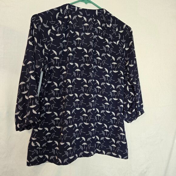 DownEast Casual Women's Flat Collar Umbrella Print Sheer Blouse Size XS - Picture 2 of 8